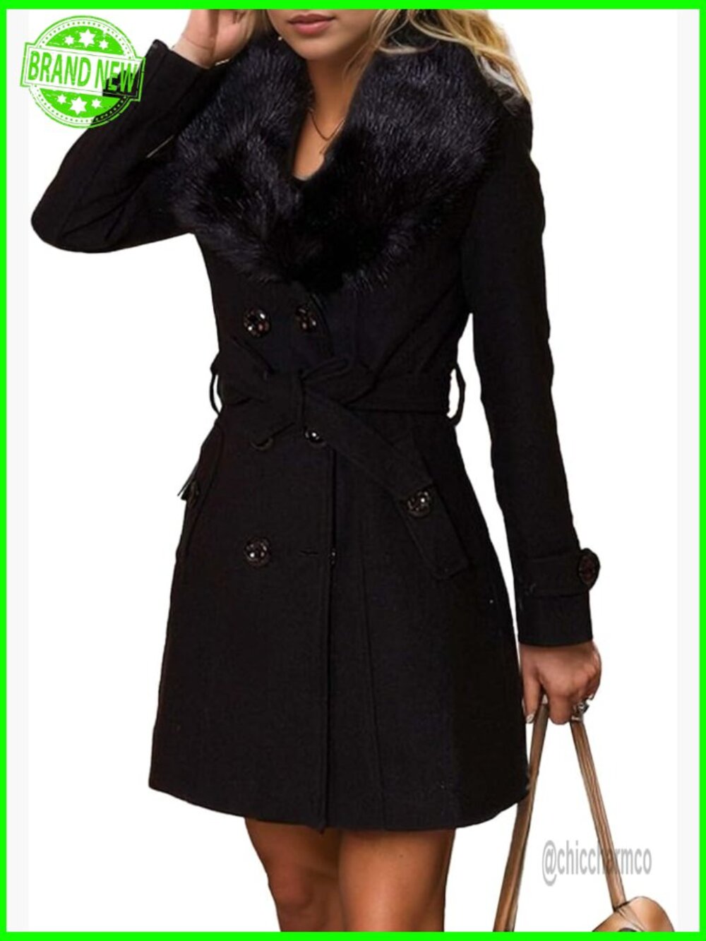 Faux Fur Trench Coat Wool Blend Double Breasted Belted Winter Dress Coat